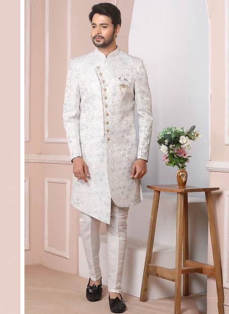 Off White Colour Party Wear Mens Jaquard Silk Indo Western Collection 1681